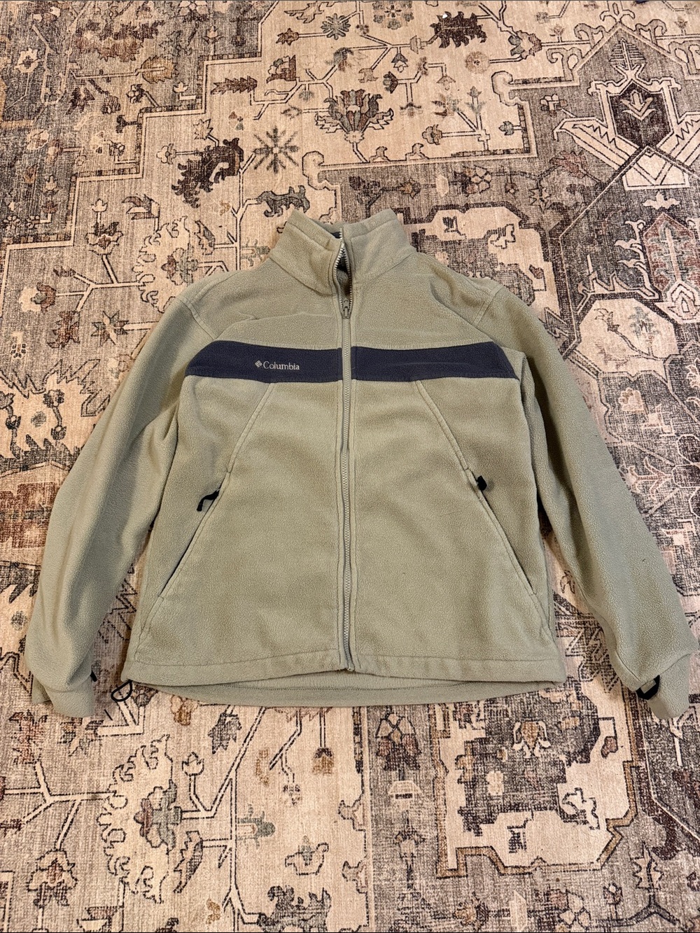 Columbia Olive Green Fleece Jacket with Navy Chest Stripe
